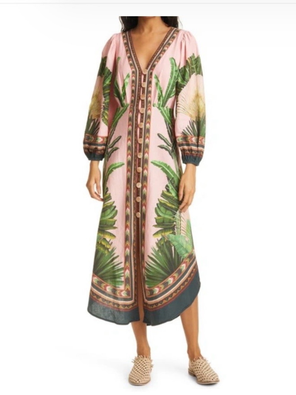 FARM RIO Amazonia Forest Linen-blend Midi
Dress In Green Light Pink Size Small